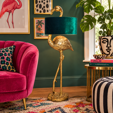 Gold Flamingo Floor Lamp with Green Velvet Shade
