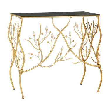 Rectangular Console Table With Gold Frame and Black Top