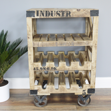 Mango Wood Industrial Wine Trolley