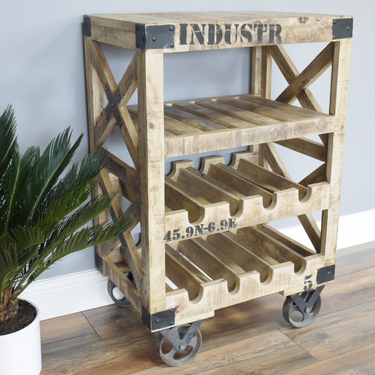 Mango Wood Industrial Wine Trolley