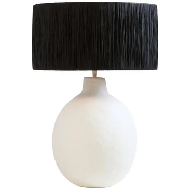 White Papier Mache Table Lamp With Black Raffia Shade