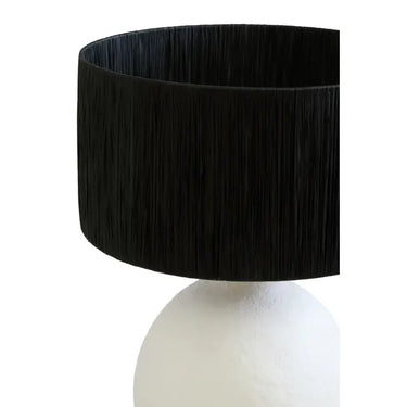 White Papier Mache Table Lamp With Black Raffia Shade