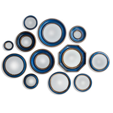 Set of 12 Assorted Antique Blue / Gold Framed Convex Mirrors