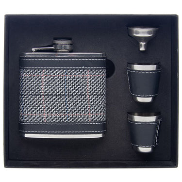 Hip Flask 2 Cups Set Grey Tweed 6oz