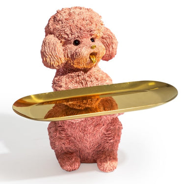 Pink Poodle Dog Holding Gold Tray