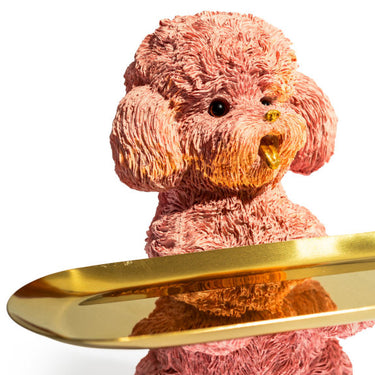 Pink Poodle Dog Holding Gold Tray