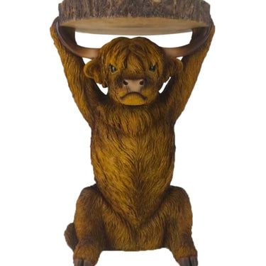 Highland Cow Holding Trunk Slice, Side Table