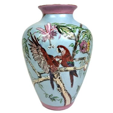 Colourful Parrot & Floral Ceramic Vase