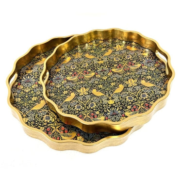 Waved Set of 2 Brushed Gold Strawberry Thief Serving Trays