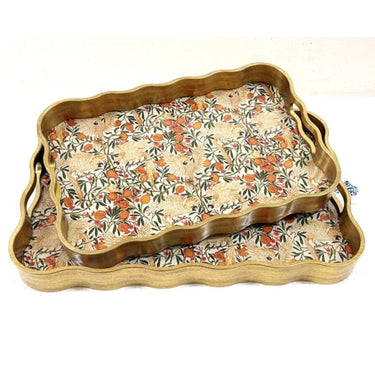 Rectangular Waved Set of 2 Brushed Gold Cockatoo & Pomegranate Serving Trays