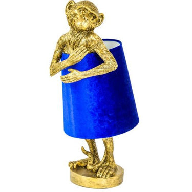 Gold Bashful Monkey Table Lamp with Blue Velvet Shade
