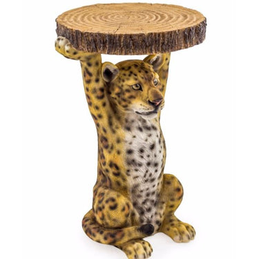 Leopard Holding Trunk Slice Side Table