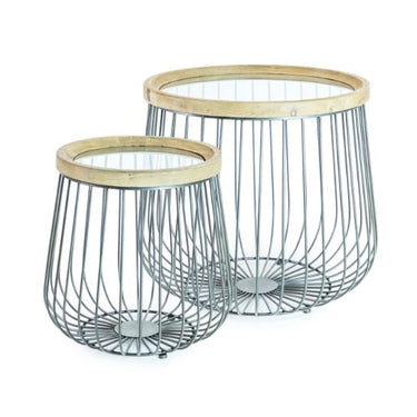 Set of 2 Iron, Wood and Glass Round Side Tables