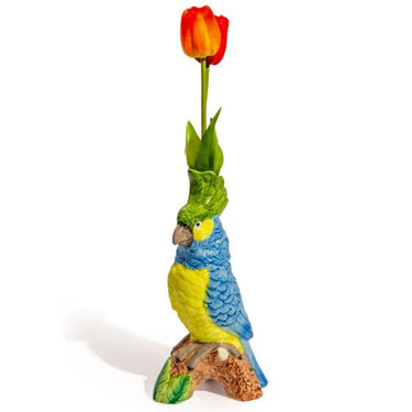 Blue & Yellow Parrot on Perch Ceramic Vase