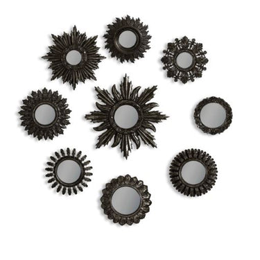 Set of 9 Assorted Ornate Antiqued Black Framed Mirrors