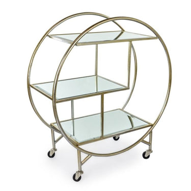 Antique Silver/Champagne Leaf Metal Bar Trolley With Mirror Shelves
