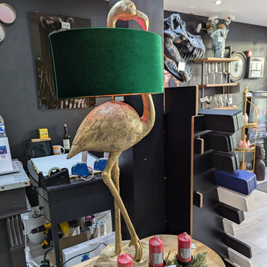 GOLD FLAMINGO FLOOR LAMP WITH GREEN VELVET SHADE