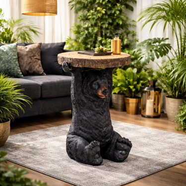 Black Bear Holding Trunk Slice Side Table