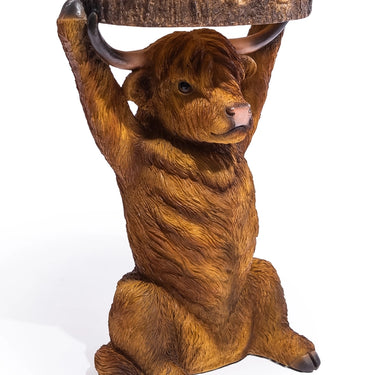 Highland Cow Holding Trunk Slice, Side Table