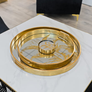 Circular Gold Tray With Mirrored Leaf Design