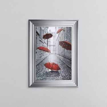 Red Umbrellas On The Street Framed Wall Art