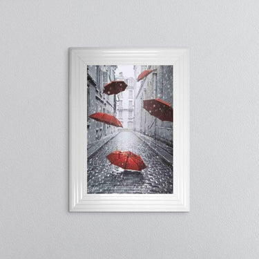 Red Umbrellas On The Street Framed Wall Art