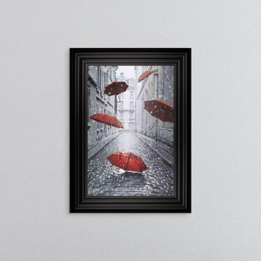Red Umbrellas On The Street Framed Wall Art
