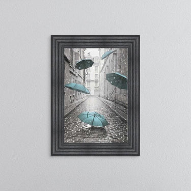 TEAL UMBRELLAS ON THE STREET FRAMED WALL ART