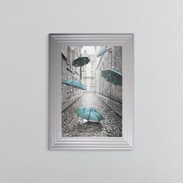 TEAL UMBRELLAS ON THE STREET FRAMED WALL ART