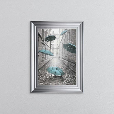 TEAL UMBRELLAS ON THE STREET FRAMED WALL ART